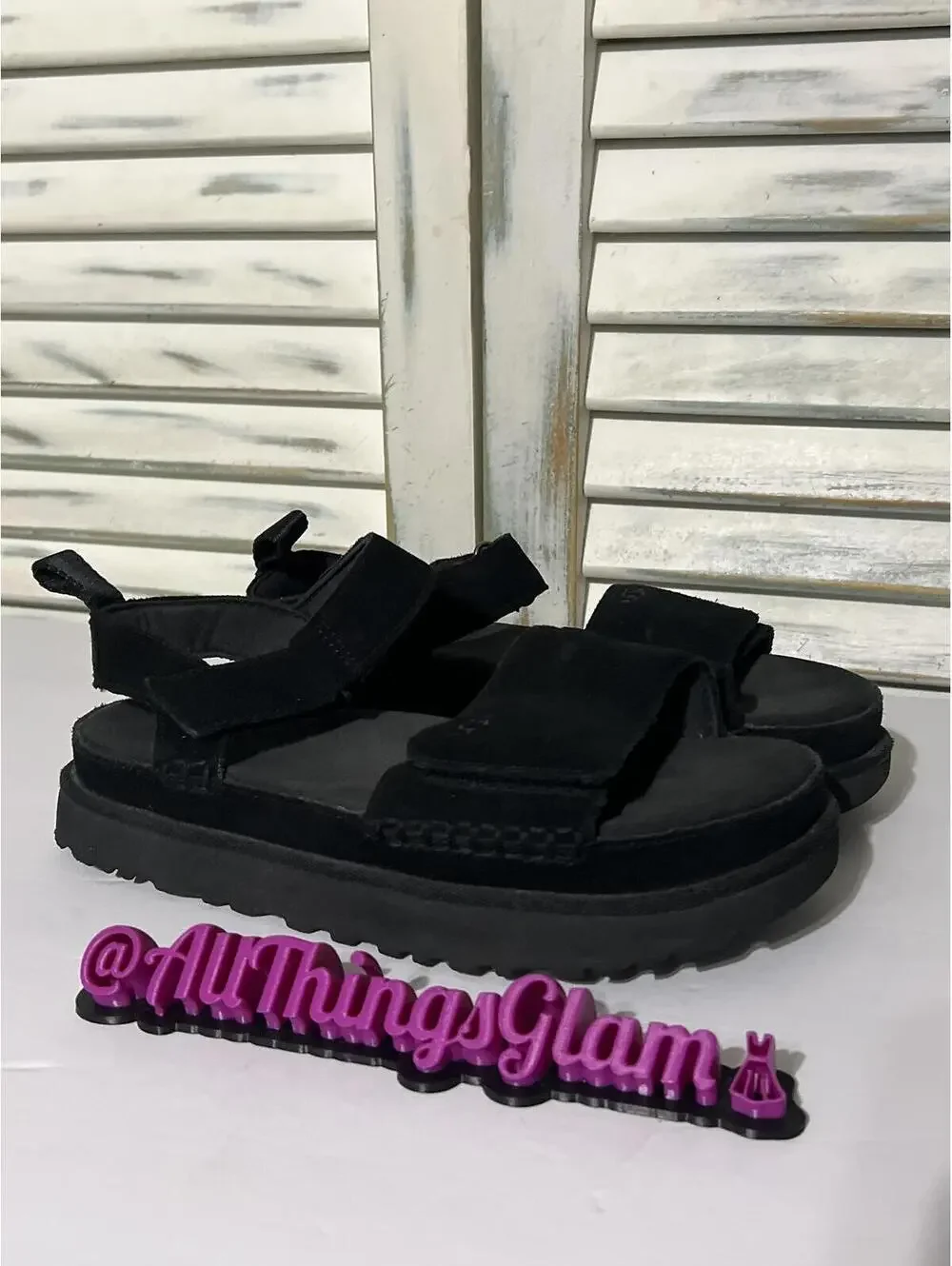 UGG Goldenstar Black Suede Platform Sandals 9 - Picture 2 of 7